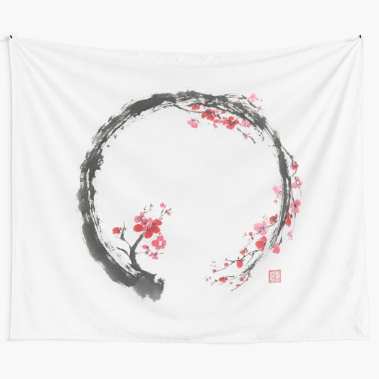 Zen sumi-e conceptual painting of Enso circle as a red cherry blossom branch art print Tapestry