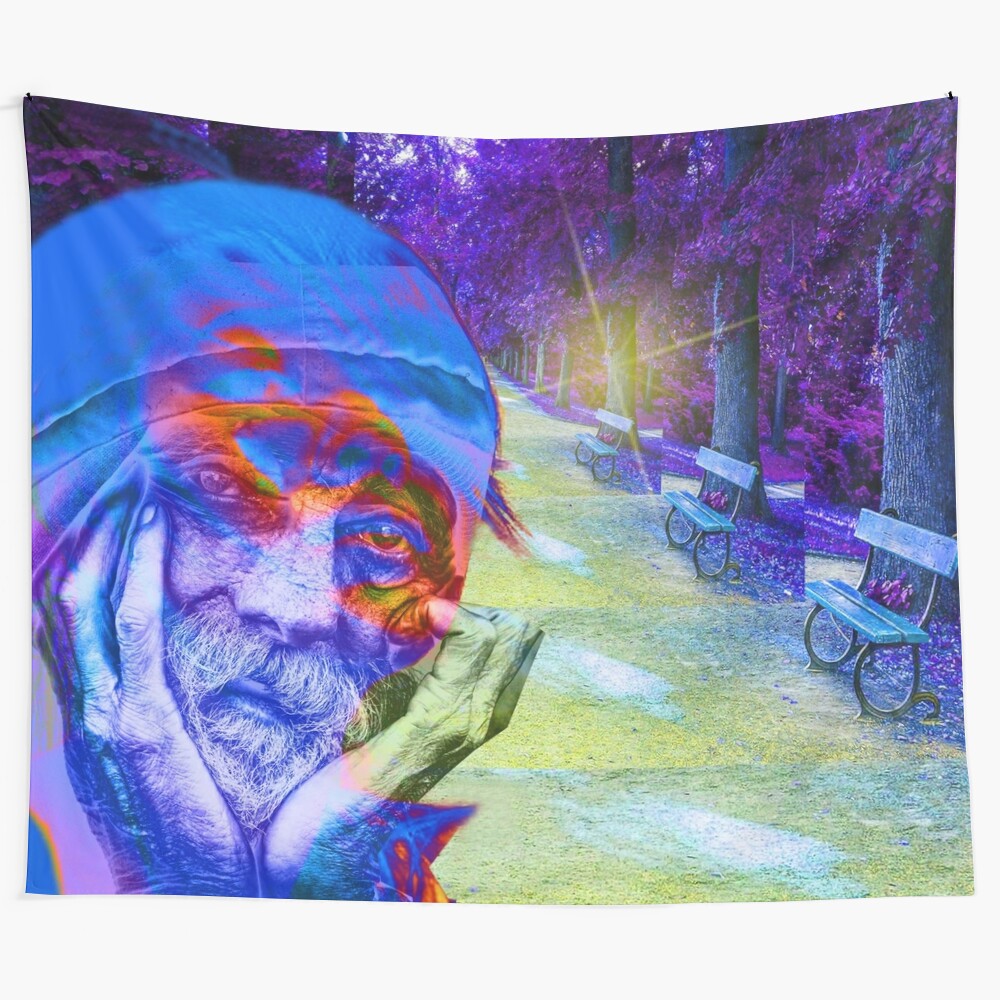 Colorful abstract nature tapestry depicting homelessness themes