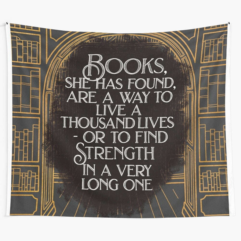 Vintage-inspired tapestry featuring books, reading, and literary art