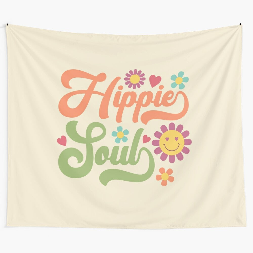 Colorful hippie-inspired tapestry with psychedelic patterns and floral designs