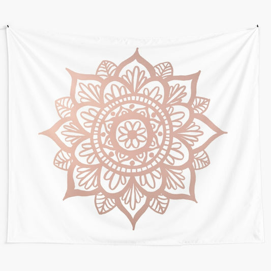 Rose gold mandala tapestry with floral pattern and metallic design