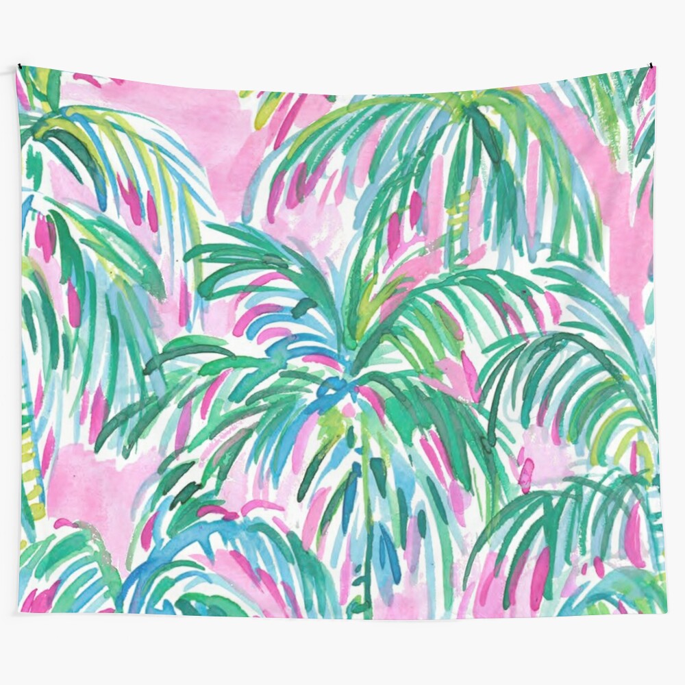 Pink palm trees tapestry with a tropical, boho design