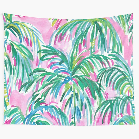 Pink palm trees tapestry with a tropical, boho design