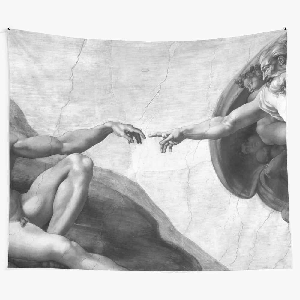 Black and white tapestry depicting Michelangelo's Creation of Adam painting from the Sistine Chapel ceiling