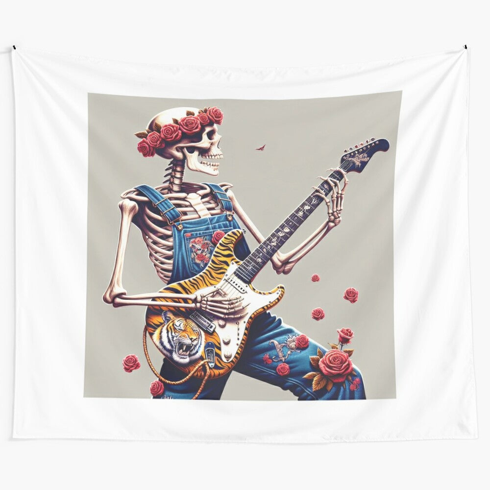 Skeleton on Tiger Roses Electric Guitar Tapestry