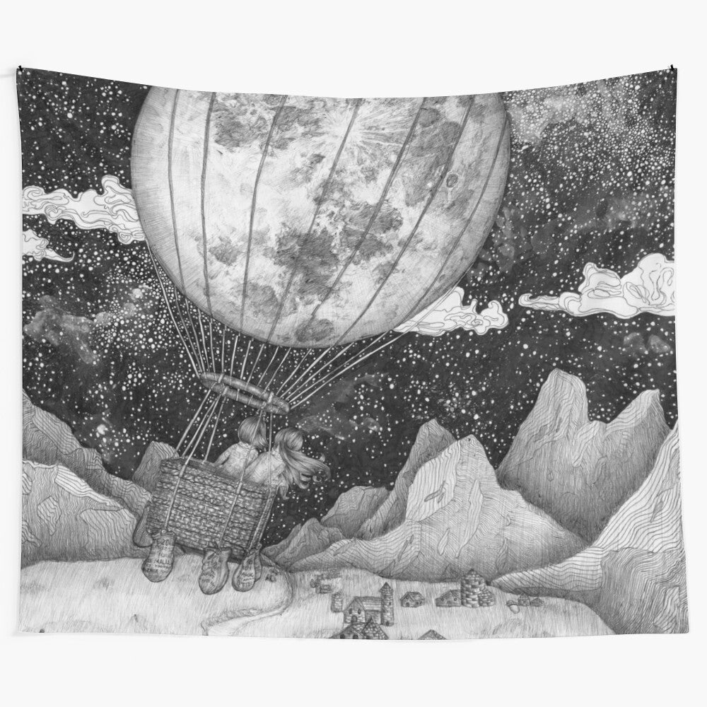 Moon Balloon Tapestry with Whimsical Celestial Landscape