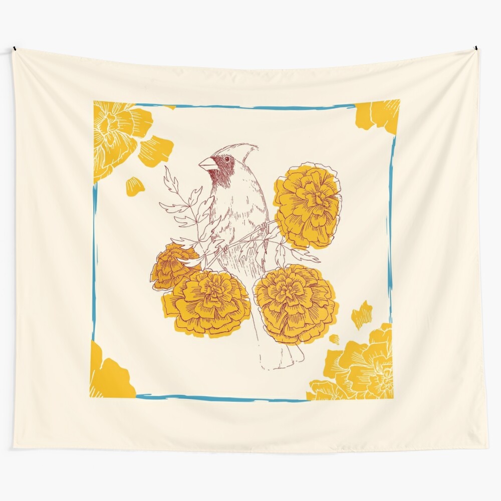 Beautiful nature-inspired tapestry featuring a cardinal, marigolds, and a skylight design