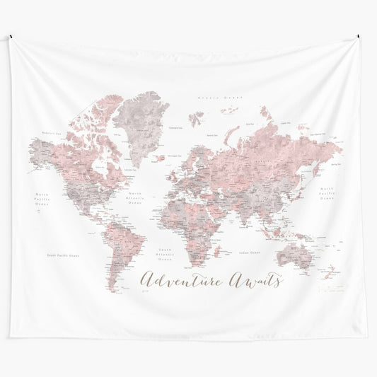 Vintage-inspired dusty pink and grey world map tapestry with detailed country and city labels