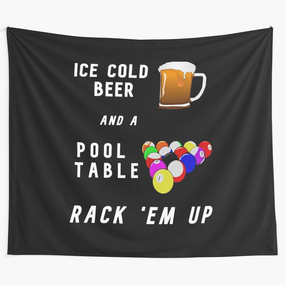 Tapestry wall hanging featuring an illustration of a pool table, beer, and pool cues