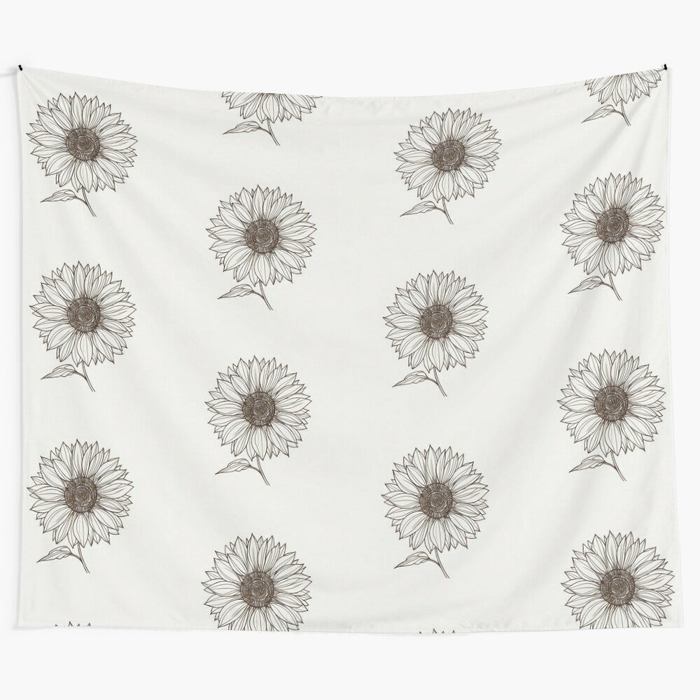 Sunflower line art design on a woven tapestry wall hanging