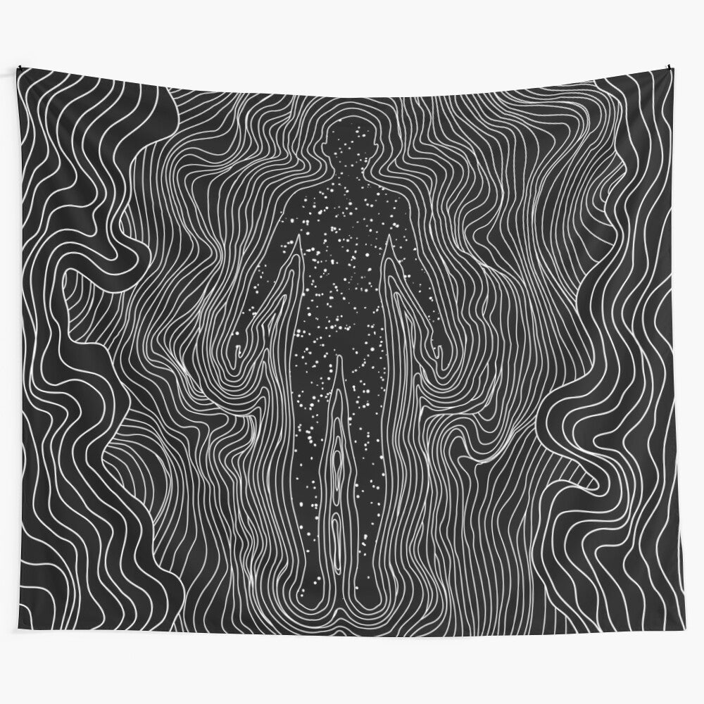 Mystical cosmic tapestry featuring abstract silhouette and galactic frequencies