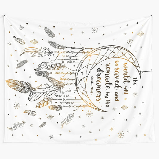 Dreamcatcher tapestry with black and white doodle design, featuring stars and feathers