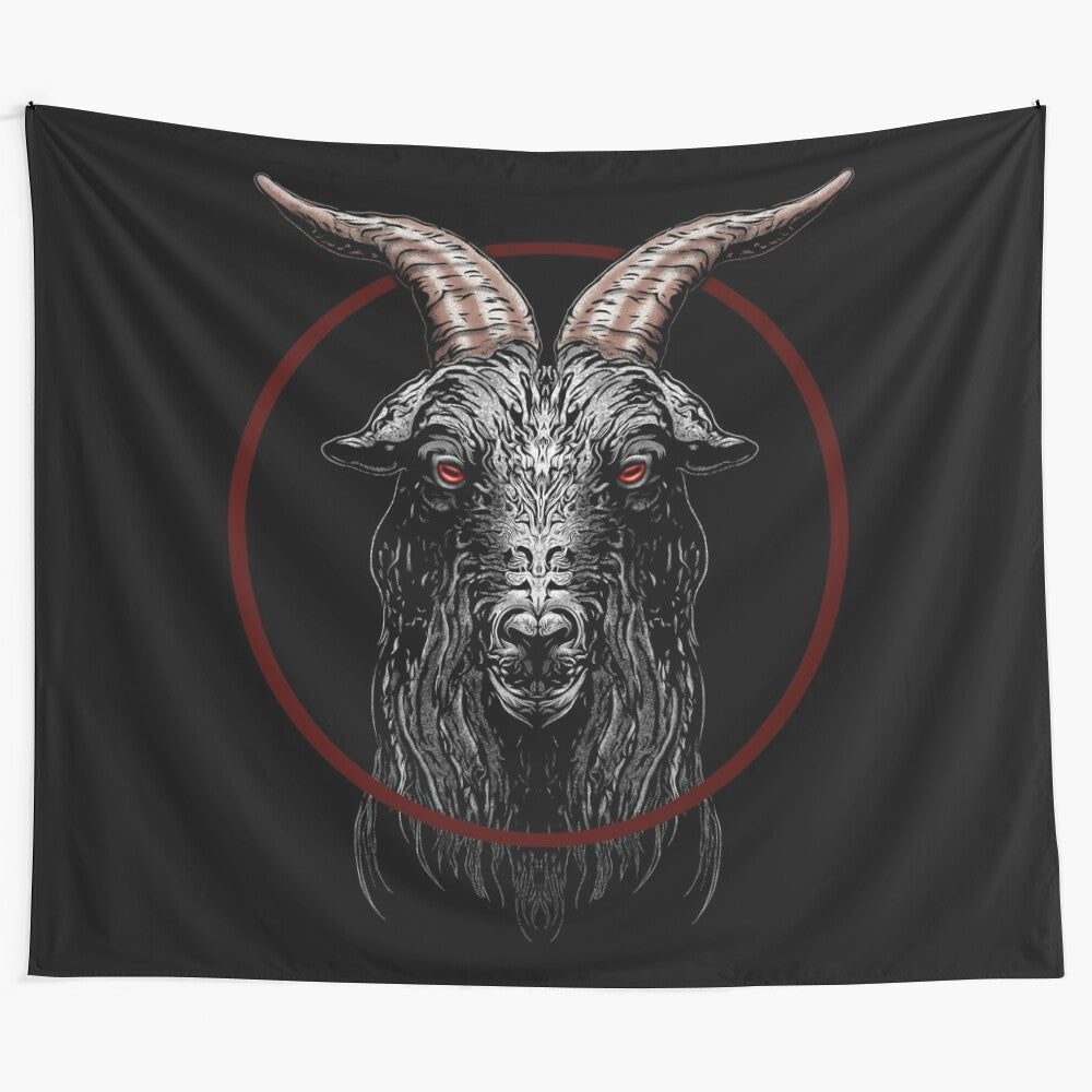 Spooky black goat tapestry featuring the iconic Black Philip from the horror film The Witch