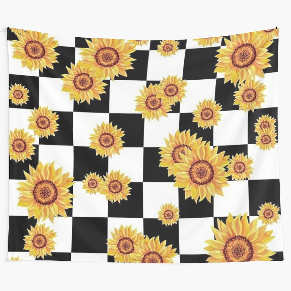 Elegant chess board sunflower tapestry with a modern, botanical design