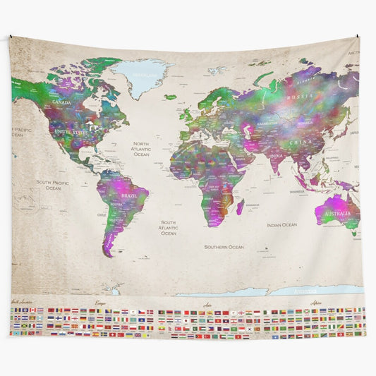 Colorful world map and flags tapestry wall hanging