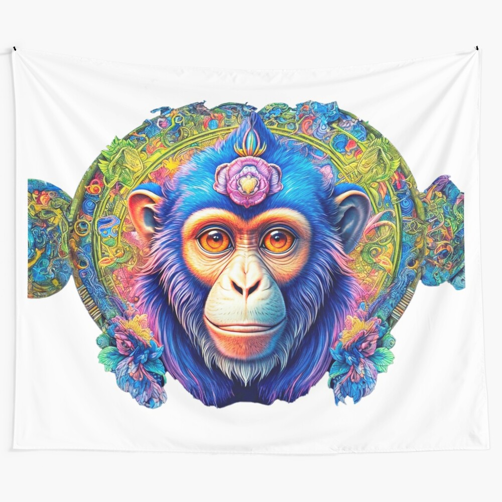 Whimsical psychedelic tapestry featuring a surreal ape girl illustration