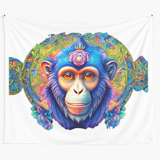 Whimsical psychedelic tapestry featuring a surreal ape girl illustration