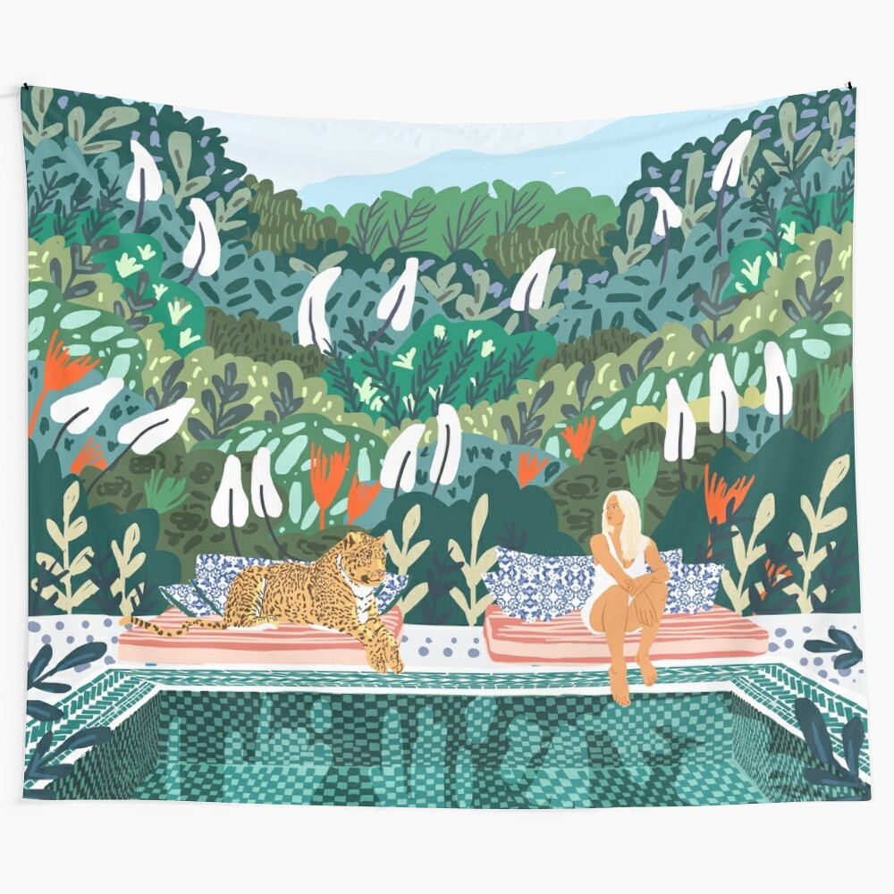 Watercolor tapestry featuring tropical jungle wildlife and bohemian morocco travel