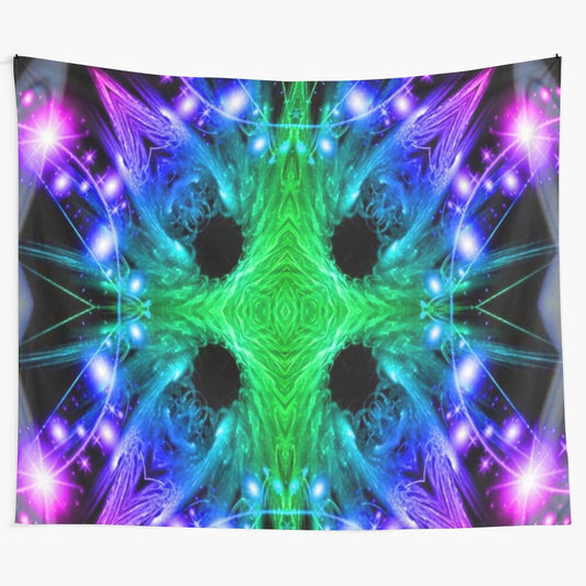 Alien snowflake tapestry featuring a colorful cosmic pattern with abstract and fantasy elements