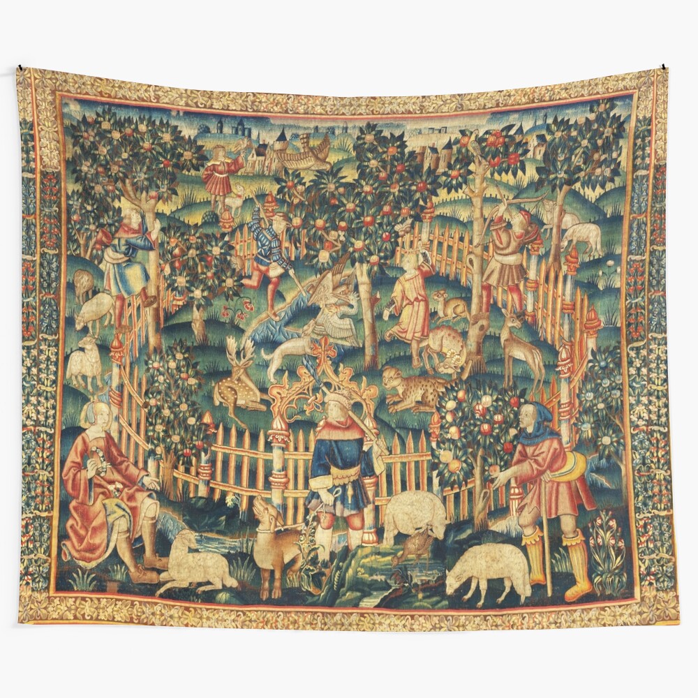 Vintage medieval tapestry depicting a hunting scene with hawks, bow and arrow, and dogs in a forest landscape