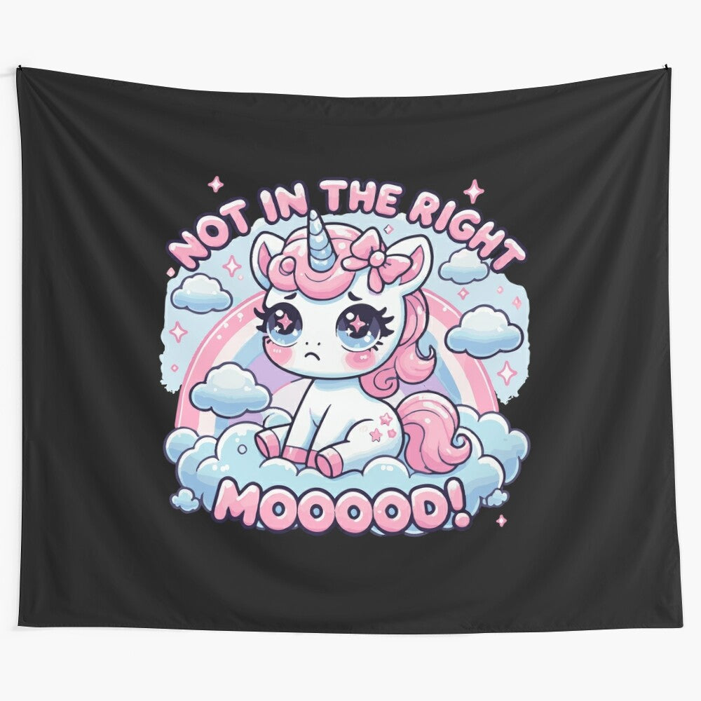 Whimsical pastel unicorn tapestry with a sad expression, surrounded by a dreamy cloud and pastel rainbow