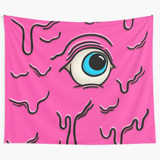 Vibrant trippy tapestry featuring a neon cyclops eye design