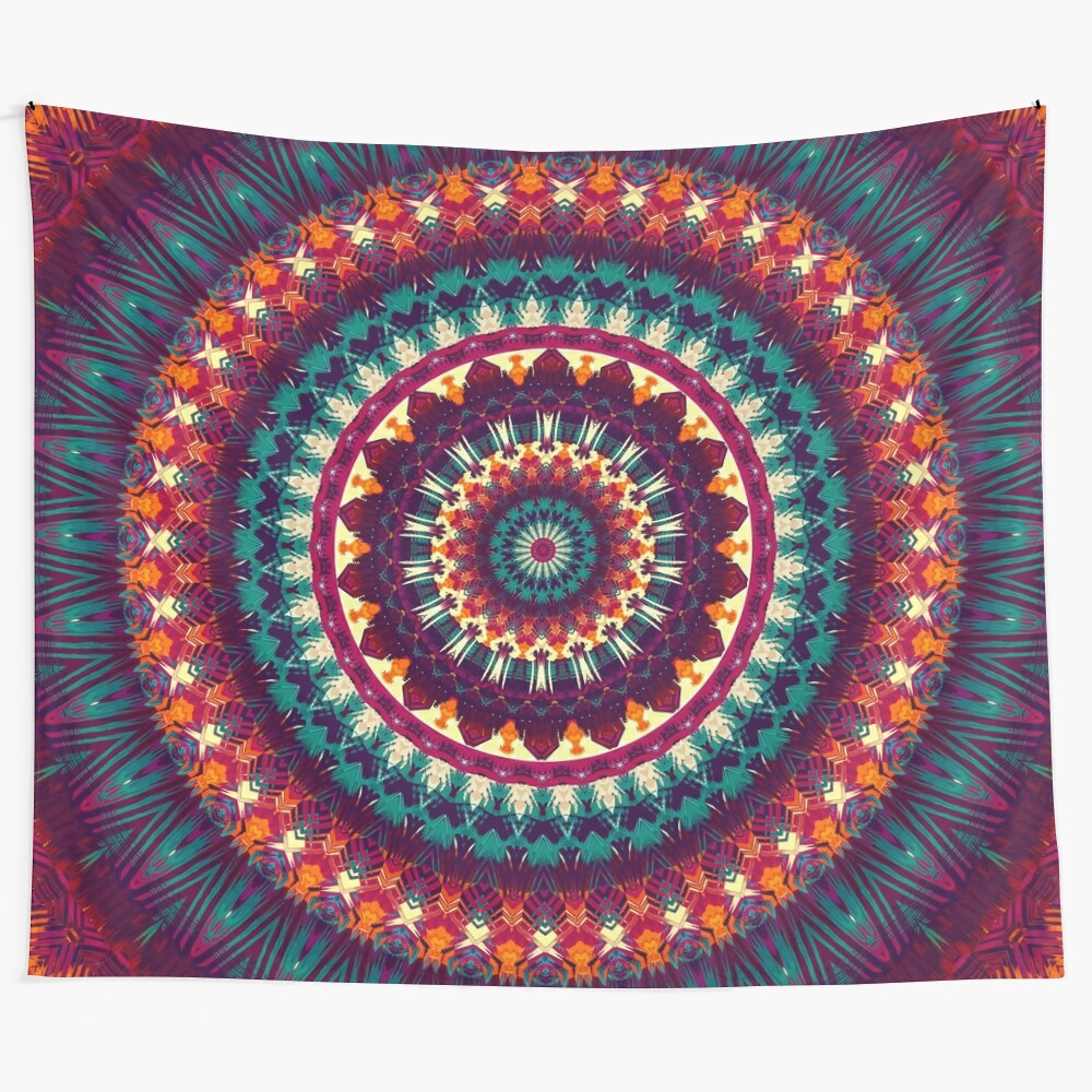 Colorful mandala tapestry with sacred geometry patterns and floral elements