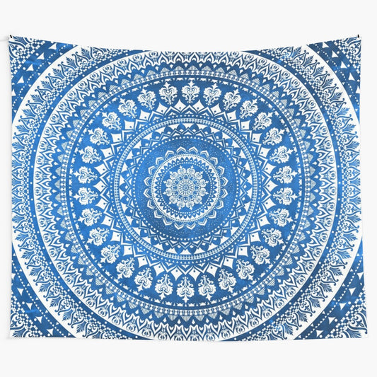 Beautiful blue mandala tapestry with intricate design, perfect for boho home decor