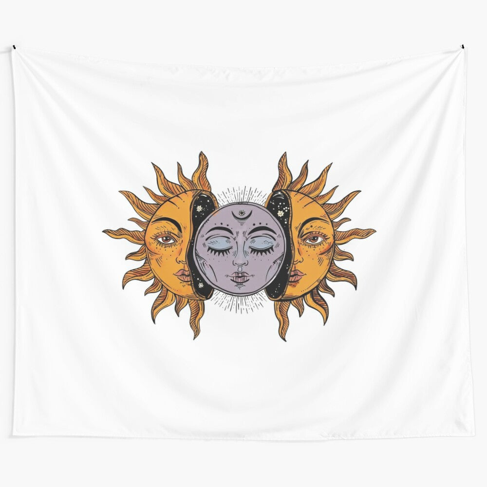 Vibrant sun and moon face tapestry with spiritual and cosmic design