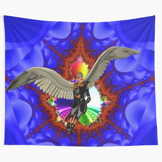 Vibrant abstract tapestry featuring a winged messenger in a surreal, nature-inspired design