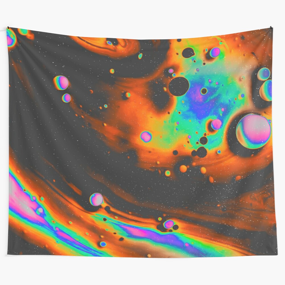 Vibrant, psychedelic abstract art tapestry with holographic and iridescent elements