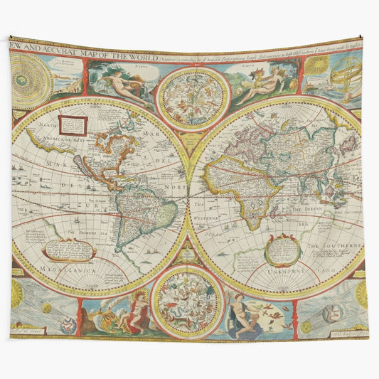 Vintage 1627 world map tapestry with an old, antique aesthetic for academia and literary enthusiasts