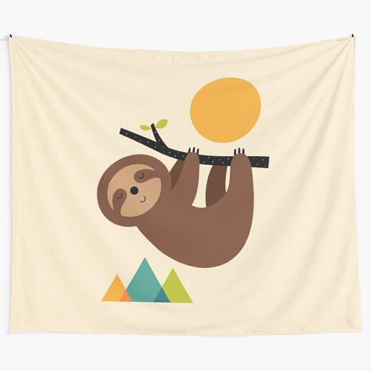 Serene tapestry featuring a sleeping sloth in a peaceful forest landscape