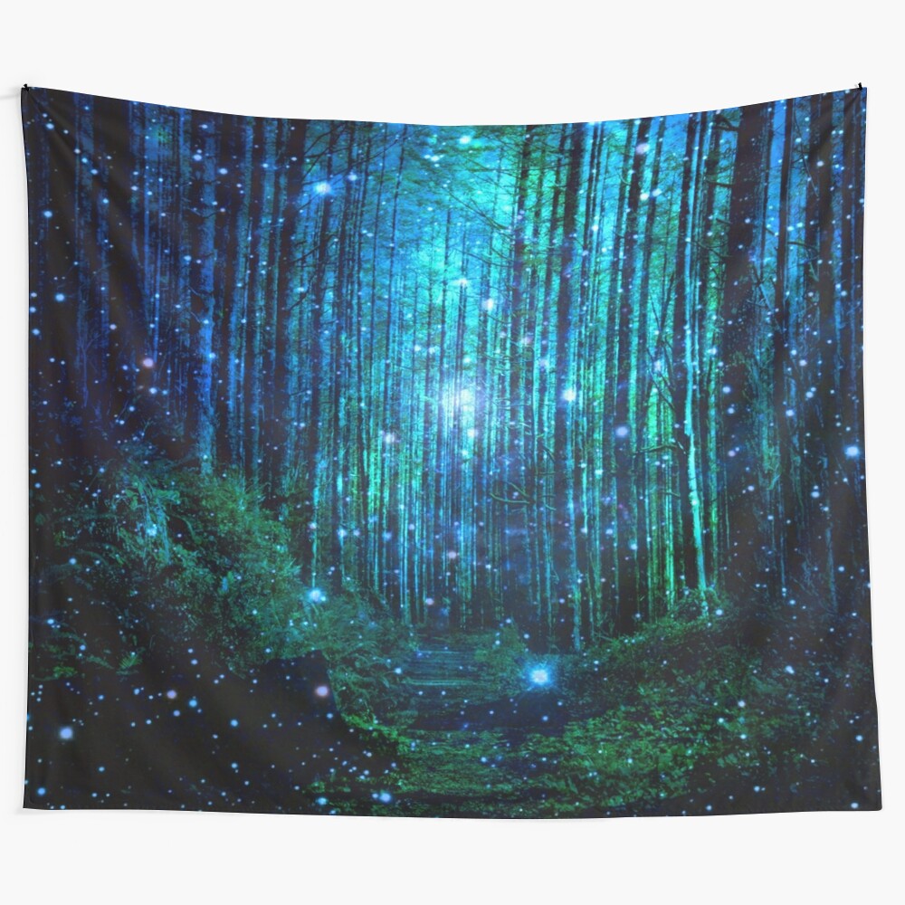 Enchanting fantasy landscape tapestry featuring a magical forest with towering trees, starry night sky, and serene atmosphere