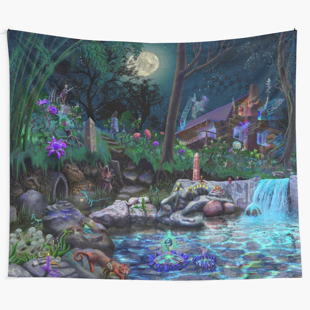 Psychedelic tapestry depicting a mystical forest scene with a trippy, visionary aesthetic