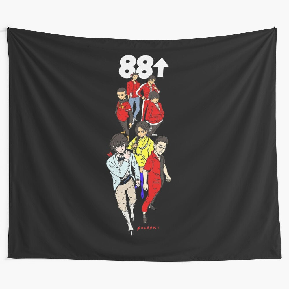 88 up rising inspired tapestry with anime-style illustration and hip hop/r&b music elements