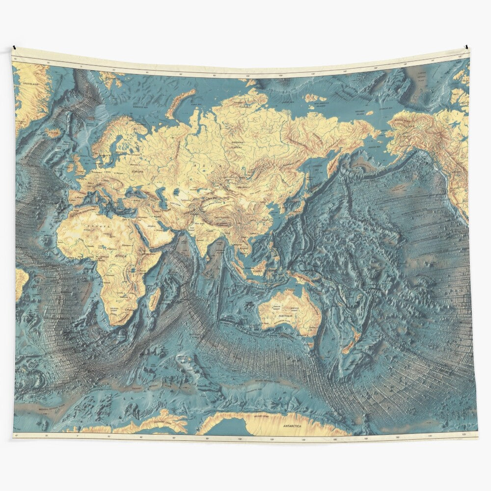 Detailed vintage-style blue and gold world map tapestry