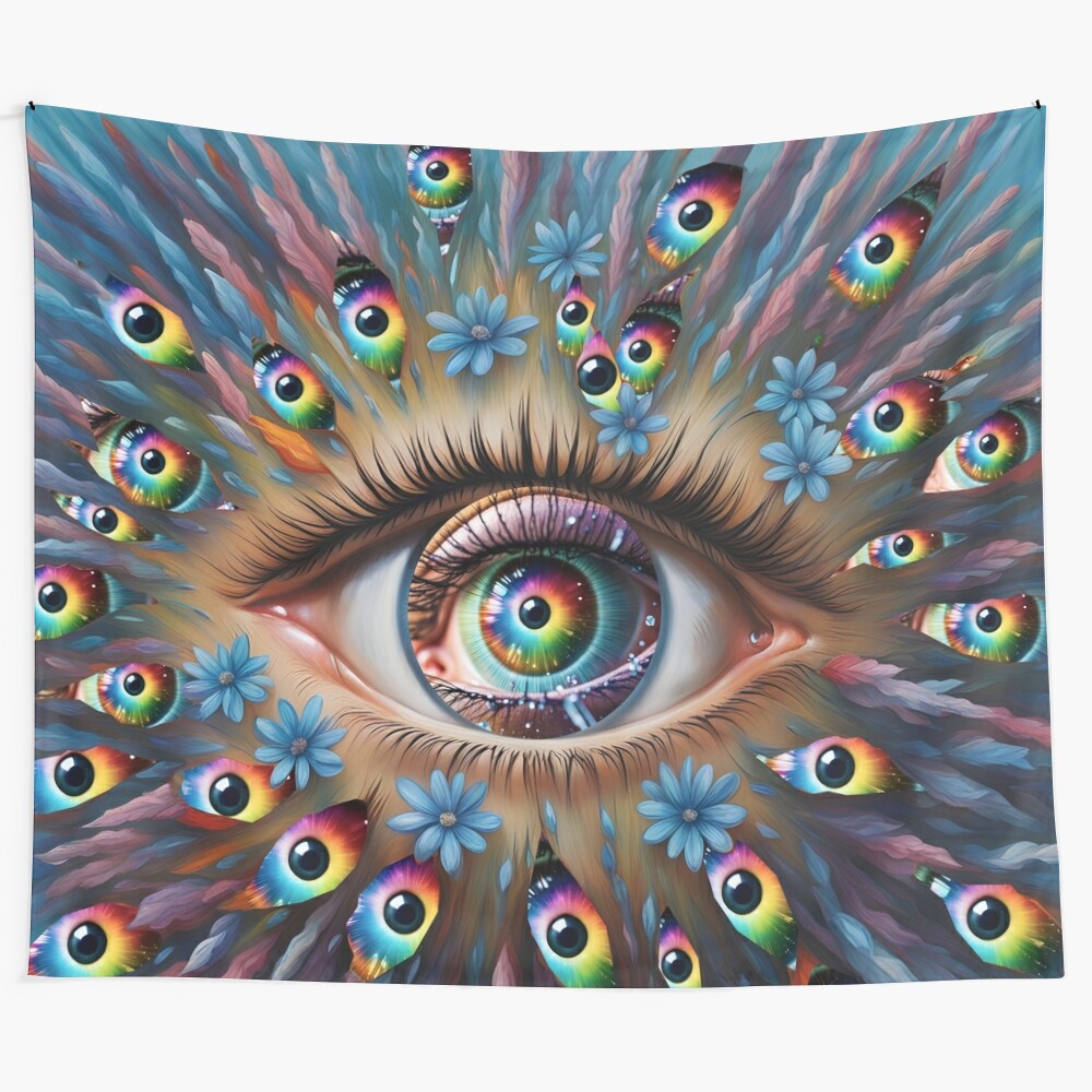 Colorful eye flower tapestry, perfect for bohemian and psychedelic-inspired home decor