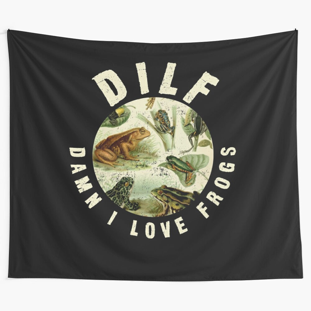 Trendy tapestry featuring a "DILF Damn I Love Frogs" design, perfect for frog-loving dads and Gen Z fans.