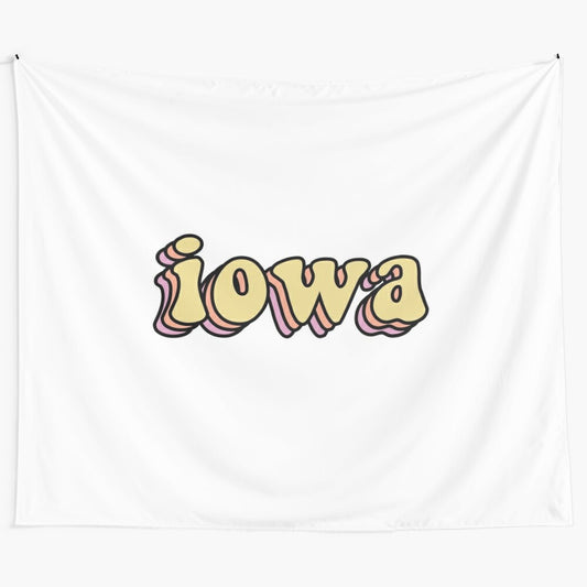 Colorful tapestry featuring the state of Iowa and university logos