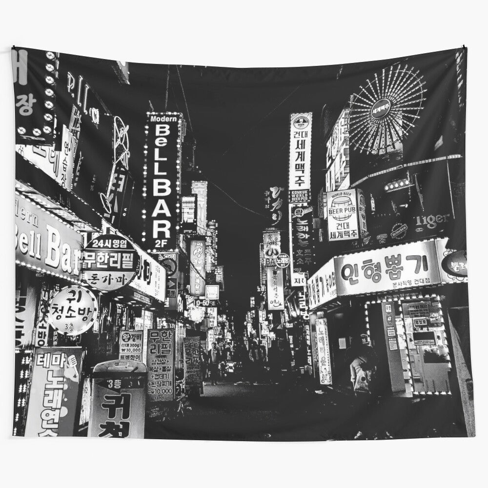 Monochromatic cityscape tapestry with futuristic urban elements