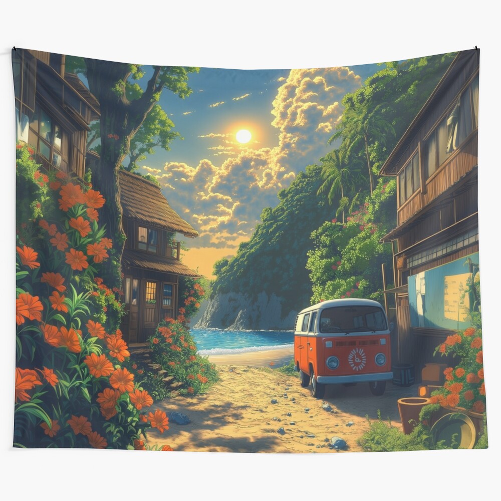 Anime-style tapestry featuring a hippie van on a beach with flowers and a classical landscape