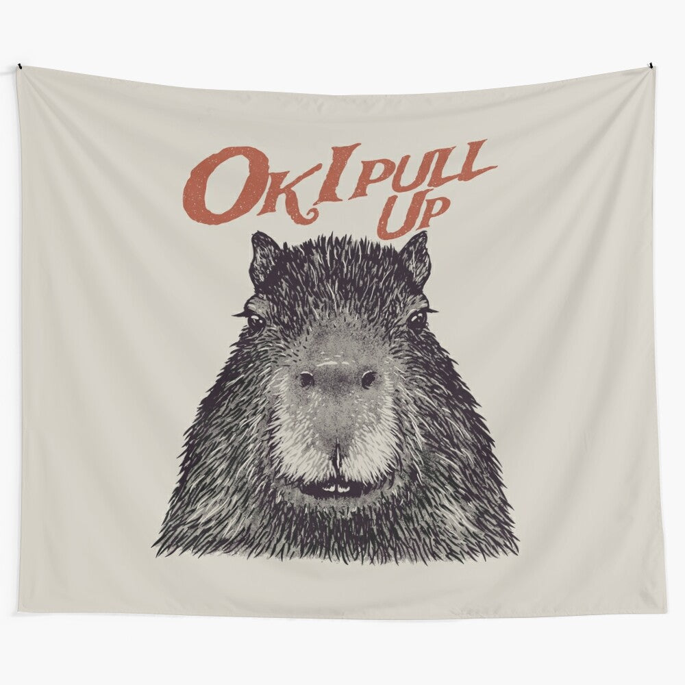 Capybara meme tapestry featuring the "Ok I Pull Up" text and a red capybara named Gort