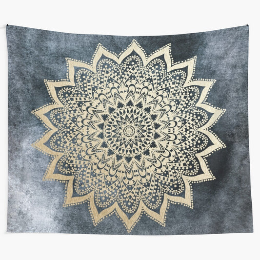 Boho mandala tapestry with gold, black, and gray design