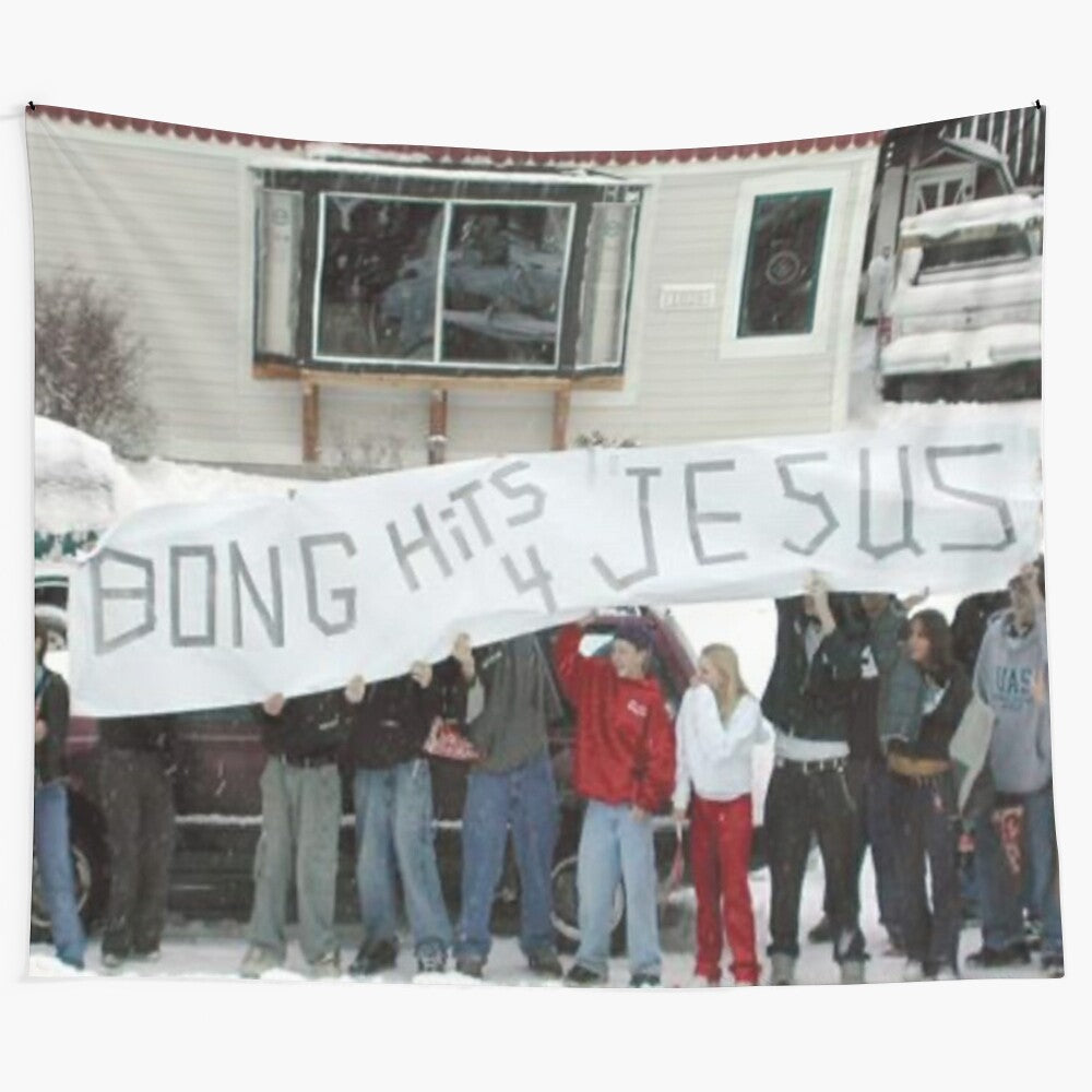 Parody tapestry design featuring a humorous "Bong Hits for Jesus" message