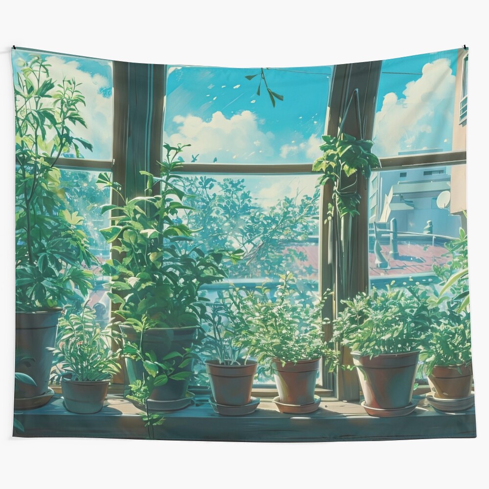 Colorful window tapestry featuring a floral and nature-inspired design