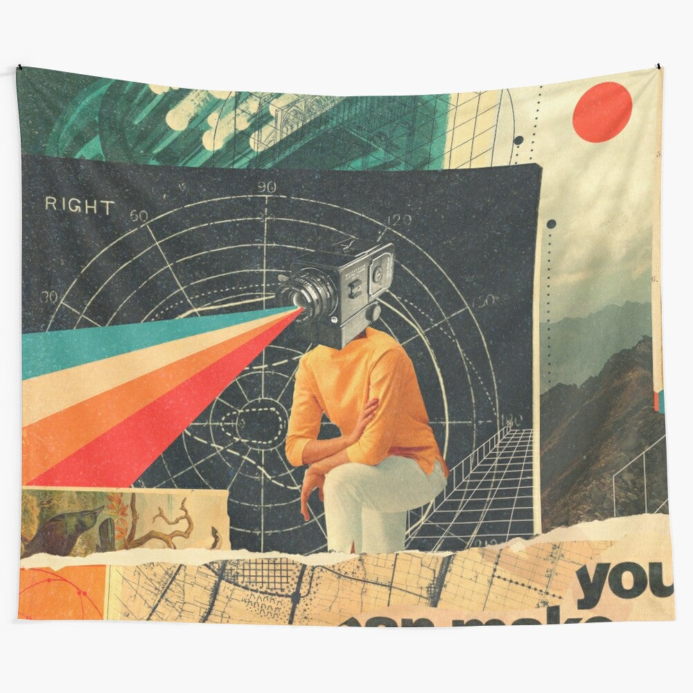 Vintage inspired surreal geometric tapestry featuring vibrant colors and patterns