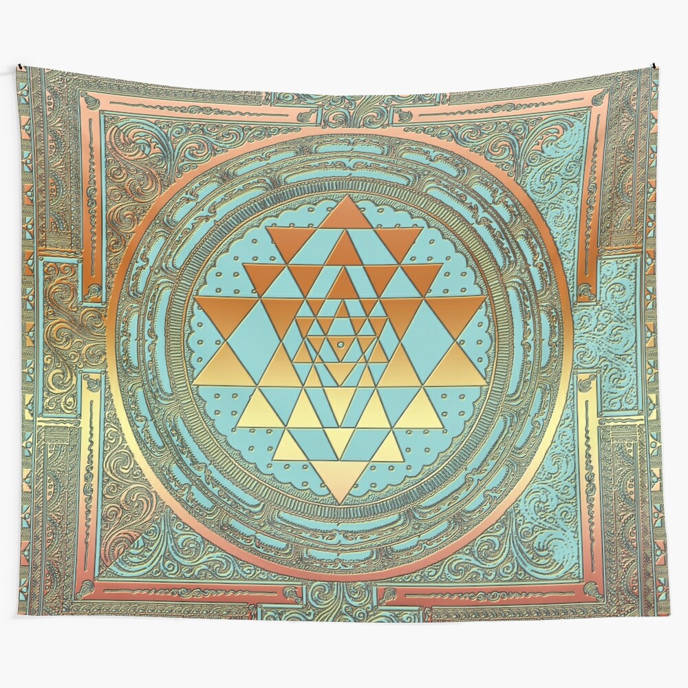 Bohemian Sri Yantra Tapestry featuring a colorful spiritual mandala design