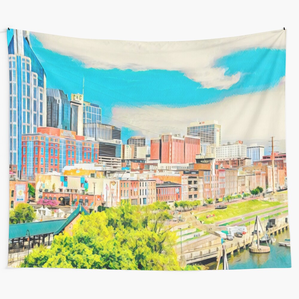 Vintage-style Nashville skyline wall tapestry featuring the iconic downtown cityscape