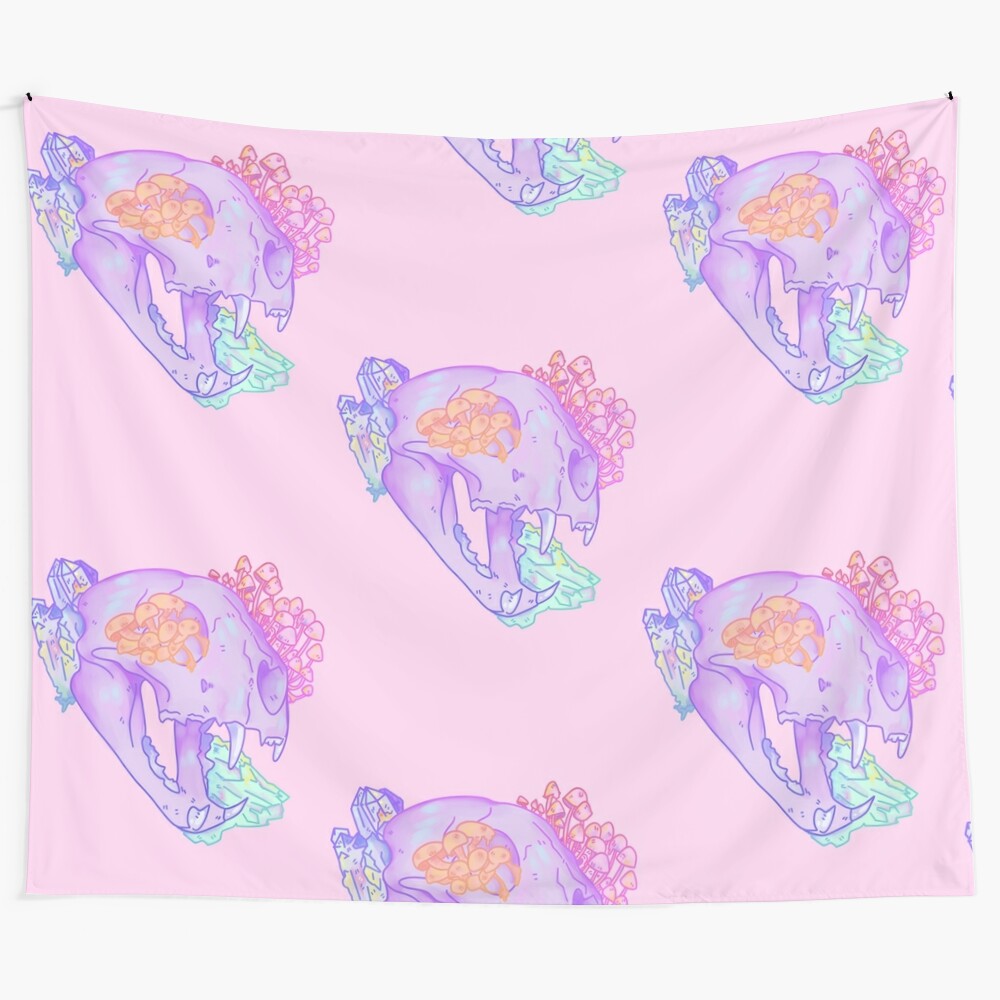 Cougar skull tapestry with mushrooms, crystals, and forest elements for a modern, witchy aesthetic